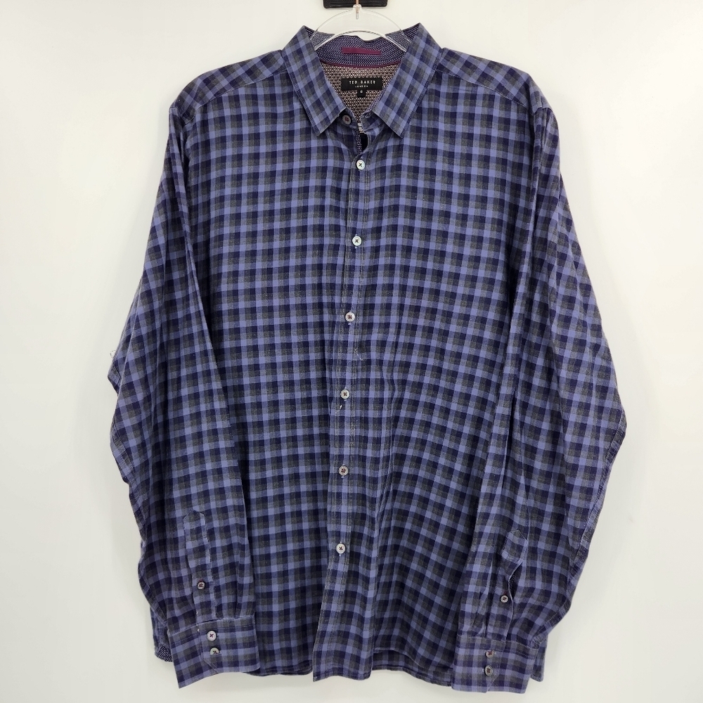 Ted Baker London Long Sleeve Button Front Shirt Mens Size 6/XXL Navy Gray Plaid